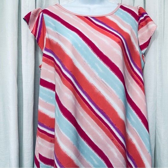 Flamingo Stripe Multicolored Pattern Short Sleeve‎ Blouse Size Large Top - Picture 7 of 16